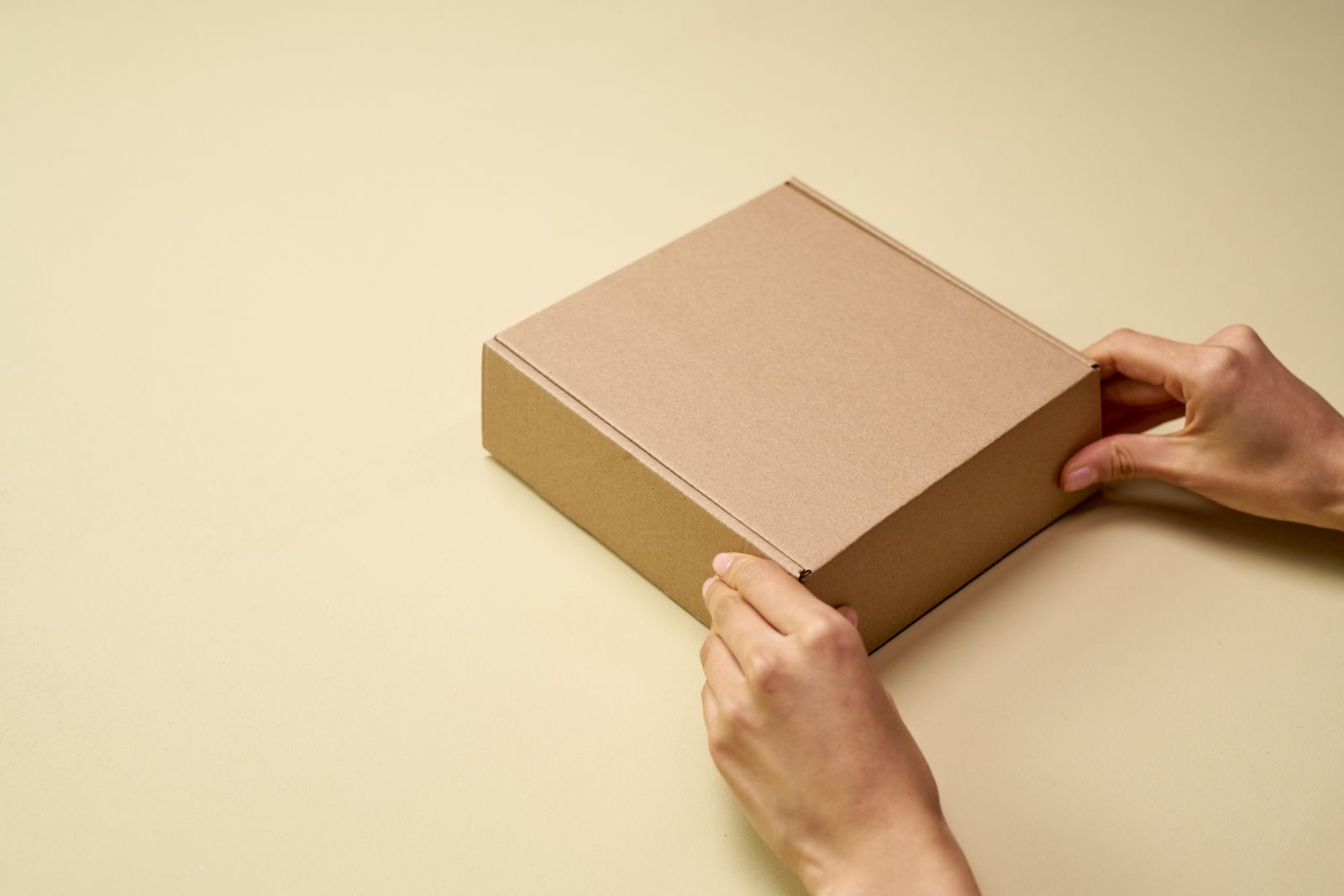 Two hands holding a plain kraft postal box on a cream background